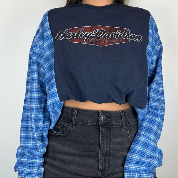 Reworked Harley Davidson Flannel Long Sleeved
Loose Baggy Plaid Blue Shirt - Picture 4 of 5